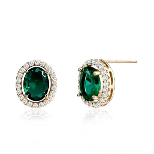 Image of Weviway Sterling Silver Stud Earrings for Women, Green Emerald/Black Onyx Hypoallergenic Birthstone Earrings, Elegant Gemstone Jewellery Gifts for Her