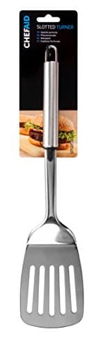 Image of Chef Aid Stainless Steel Slotted Turner, Ideal Spatula for kitchen and BBQ, Slots allow for grease and oil drain before transfer fitted with easy store hanging loop, Dishwasher Safe, Silver, 28cm long