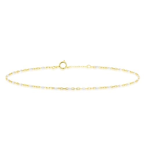 Image of CARISSIMA Women's 9ct Yellow Gold White Enamel Bead Mini Trace Chain Bracelet