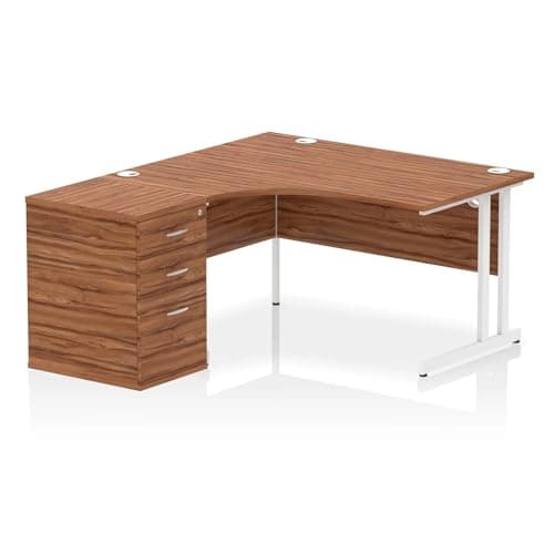 Image of Mr Office Impulse Left Crescent Desk, White Cantilever Leg Workstation - with 600mm pedestal, Walnut, 1400