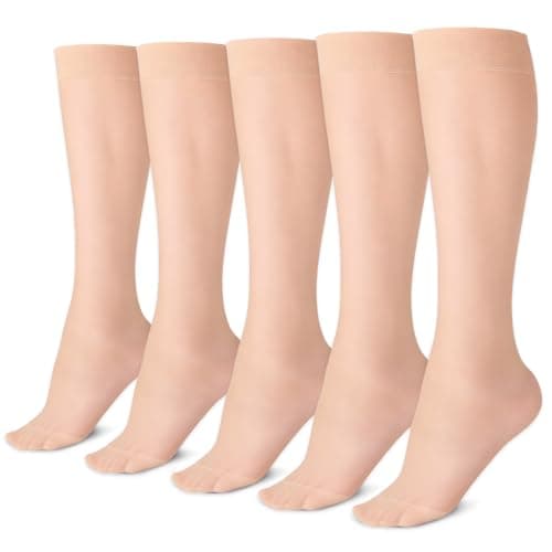 Image of Dzpuhuojz 5 Pairs Pop Socks Women Knee High, 30 Den Sheer Women's Compression Holdup Socks, Tight High Nylon Stockings, Comfortable Transparent Ladies High Socks (Nude)