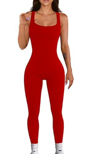 Image of YIOIOIO Women Workout Seamless Jumpsuit Yoga Ribbed Bodycon One Piece Tank Top Leggings Romper, 10 Red, Medium