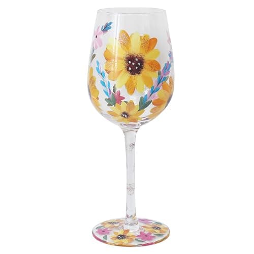 Image of Lesser & Pavey Lynsey Johnstone Sunflowers Wine Glass | Floral Wine Glass for Red & White Wine | Hand Printed and Ml Gift for Women & Mums | Drinking Glass for Home Bars, Parties, Dining