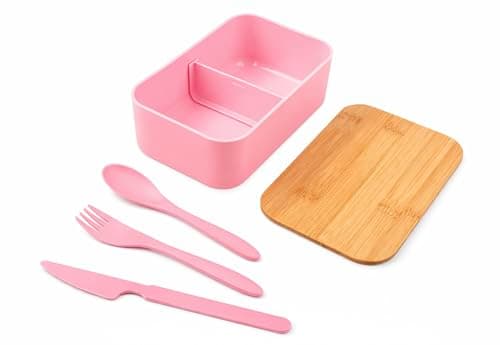 Image of Bamboo Lunch Box – 1000ml Reusable Lunchbox with Bamboo Lid and Knife, Fork & Spoon, Removable Divider – (Pink)