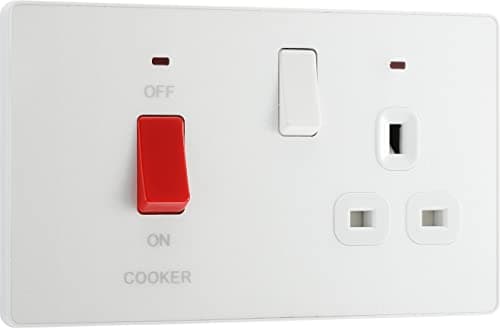 Image of BG Electrical Cooker Switch with Socket and LED, Cooker Control Unit, Control Socket, Double Pole, Screwless Front Plate, Evolve, Pearlescent White, 45A, PCDCL70W