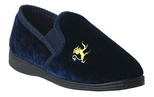 Image of Boys Kids Youth Lion Motif Twin Gusset Slip On Velour Slippers UK 11-5 (1 UK, Navy Blue)
