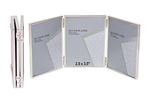 Image of 2.5 x 3.5-inch Silver Thin Edge TRIPLE PORTRAIT Photo Frames with hooks, can stand and hang - Velveteen Backing - Tarnish Resistant (2.5 x 3.5-inch)