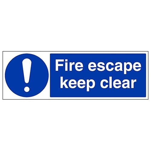 Image of V Safety Fire Escape Keep Clear - Landscape 450 x 150 mm - Self Adhesive Vinyl - Aluminium Effect Safety Sign