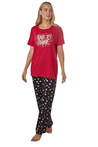 Image of Long Tall Sally - Lts Tall 'Time To Shine' Slogan Wide Leg Cotton Pyjama Set - Women's Red
