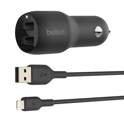 Image of Belkin Dual USB Car Charger 24W + Lightning Cable (Boost Charge Dual Port Charger, 2-Port USB Charger) iPhone iPad and Airpods Car Charger