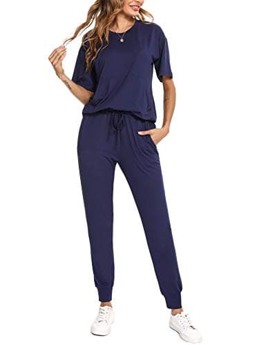 Image of Totatuit Cotton Womens Tracksuit Set 2 Piece Lounge Wear Outfit Ladies Summer Co ord Set Short Sleeve, Long Sleeve Top and Drawstring Trousers M Navy Blue