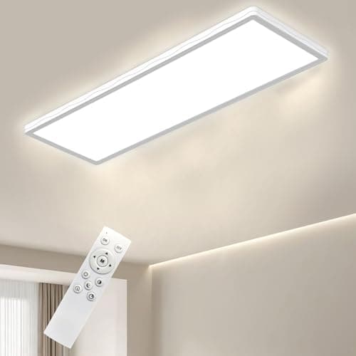 Image of Bowfar LED Ceiling Lights, Rectangular Ceiling Lamp with Remote Control, Dimmable 3000K-6500K, Ultra Flat 24W LED Panel with Backlight for Living Room, Bedroom, Office, Bathroom, 58*20*2.5cm-White