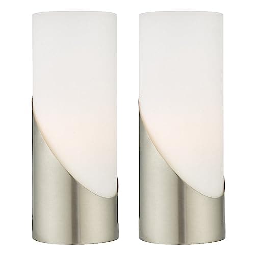 Image of Britalia 2 Pack - Satin Nickel & Frosted Opal Glass Modern Cylindrical Touch Control Table Desk Lamp | 25cm Height | 1 x SES E14 Lamp Bulb Required | 3 Stage Dimmer | Vintage Influence