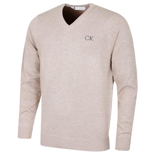 Image of Calvin Klein Mens V-Neck Tour Golf Sweater - Latte - XL