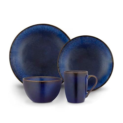 Image of Barbary & Oak, 16 Piece Dinner Set, Reactive Glaze Finish, Crafted from Strong & Durable Stoneware, Chip & Scratch Resistant, Dishwasher & Microwave Safe, Cobalt Blue, BO867040BLU