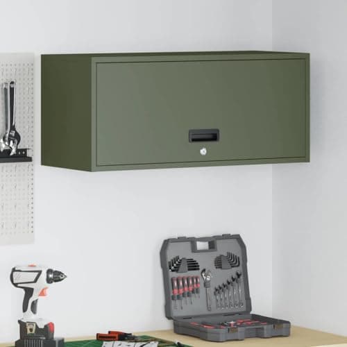 Image of SooIarix Olive Green Garage Wall Cabinet 80x33x35cm Gas Lift Door Heavy Duty Steel Secure Deadbolt Lock Space Saving Storage