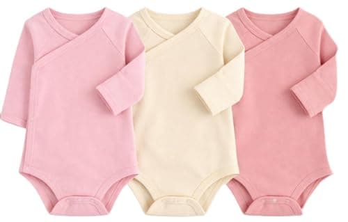 Image of JiAmy 3PCS Baby Boys Girls Bodysuits, 100% Cotton Baby Grow Wrap Vests Long Sleeve Clothes Set Pink Beige Tops 12-18 Months