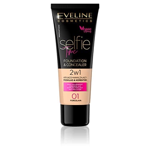 Image of Eveline Cosmetics Selfie Time Moisturising Foundation & Concealer No. 01 Porcelain - Buildable Coverage, Hyaluronic Acid & Vitamin E, Anti-Pollution Formula, 30 ml