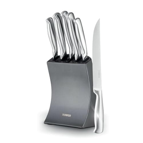 Image of Tower Core 5 Piece Knife Set with Weighted Steel Block, High Grade Polished Stainless Steel, Fine Edge Precision Blades, Ergonomic Handles, Titanium, T81537TNM