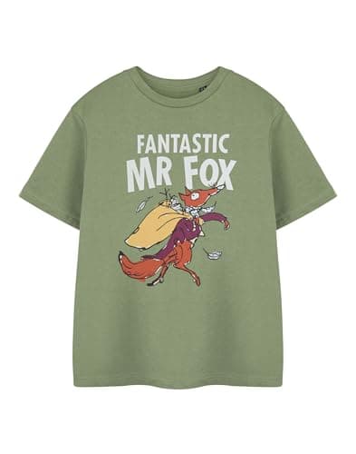 Image of Roald Dahl Fantastic Mr. Fox Kids Green Cartoon Graphic Tee | Classic Crew Neck Short Sleeve Top | Casual Wear Pull-On Apparel