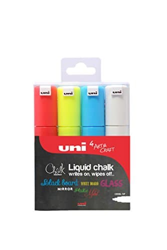 Image of uni-ball PWE-8K Liquid Chalk Pens. Multi-Purpose Wipeable Coloured Markers for Blackboards, Chalkboards, Whiteboards, Glass, Mirrors, Plastic, Windows, Metal. Safe for Kids. Chisel Tip 8mm. 4 Pack