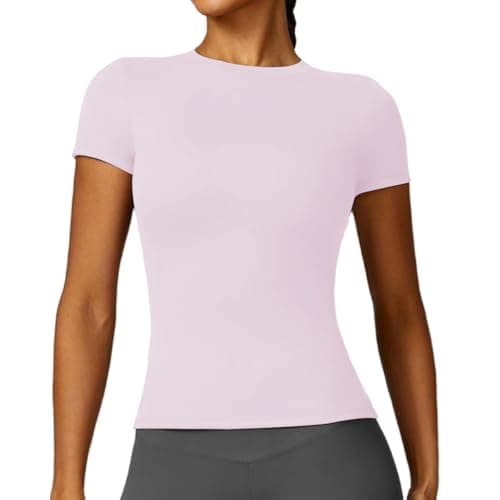 Image of Women's Gym Tops Slim Fit Crew Neck Short Sleeve Tight Basic Solid Tee Athletic Running Yoga Sports T-Shirts Pink