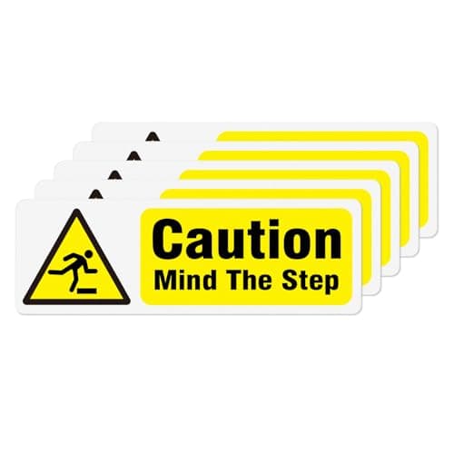 Image of YIKIADA Caution Mind The Step Sign Plastic 150 × 50 mm Self Adhesive Safety Signage Attention Stairs Warning Notice for Floor Door Window Pack of 5