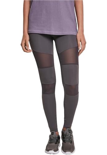 Image of URBAN CLASSICS Tech Mesh Women's Leggings, High Waist Sport Leggings with Mesh Inserts, Stretchy Leggings with Regular Skinny Fit and Tapered Ankle, Colour: Dark Grey, Size: X-Large