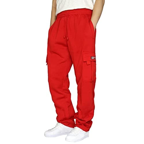 Image of Halfword Mens Loose Fleece Cargo Trousers Casual Gym Jogging Bottoms Lightweight Joggers Sweatpants Red XL
