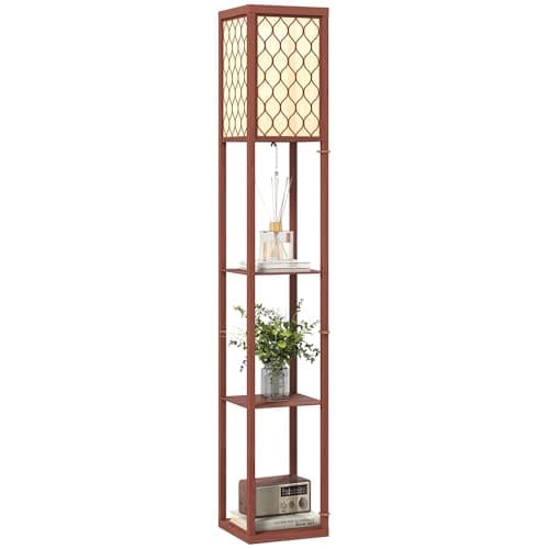 Image of HOMCOM Floor Lamp with Shelves, Modern Tall Standing Lamps with Fabric Lampshade, Chain Switch and Single Light for Living Room, Bedroom, Bulb not Included, Brown