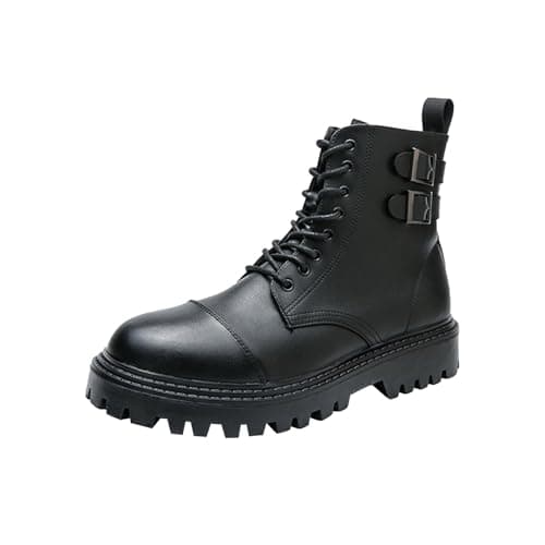 Image of Generisch Ankle Boots Men's Leather Boots High Top Leather Shoes Platform Boots Lace Up Booties Non-Slip Combat Boots Side Zip Buckle Winter Boots Chunky Heel Lace-Up Boots, black, 6 UK