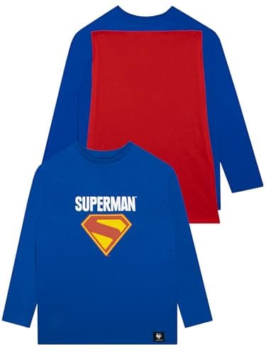 Image of DC Comics Superman T Shirt, Boys Tshirt with Detachable Cape, Boys Long Sleeve T Shirt with Red Cape Blue 7-8 Years