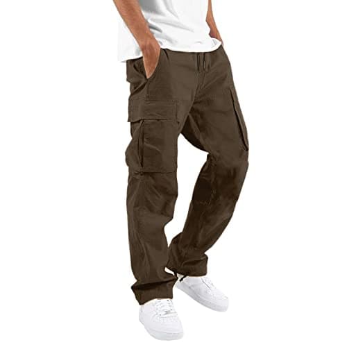 Image of BFYSFBAIG Cargo Trousers for Men UK Cargo Joggers for Men Work Trousers Outdoor Chinos Pants Regular Fit Multi-Pocket Lightweight Elasticated Waist Straight Legs Drawstring Pants M Brown
