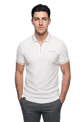 Image of Firetrap Mens Designer Polo T Shirt 1/4 Zip Quarter Zip Textured Cotton Collared Top with Short Sleeves White L