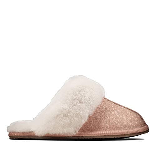 Image of Clarks Warm Glitz Leather Slippers In Pink Standard Fit Size 4