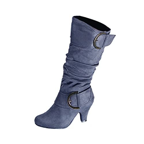 Image of Momolaa Women's Knee High Boots SIZE 6 Slouchy Boot Mid Calf Kitten Heel Long Boots Winter Shoes Slouchy Faux Leather Knee High Boots Slip on High Heel Boots Thigh High Boots Grey