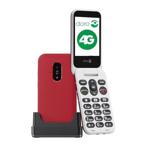 Image of doro Phone - Leva E22 - 4G Flip Phone for Elderly - Large 2.8" Screen, High Contrast Keys, Loud & Clear Sound, HD Voice, Camera, Secure Button - Charging Cradle - Red/White