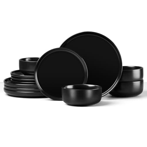 Image of HaWare Dinner Set, 12 Piece Stoneware Dinnerware Service for 4, Elegant Matte Glaze Dining Ware Include Plates and Bowls, Chip and Scratch Resistant, Microwave & Dishwasher Safe, Matte Black
