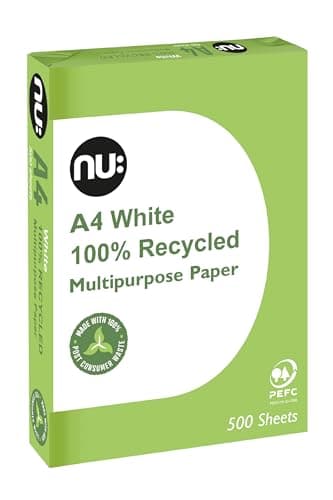 Image of nu: A4 Recycled Multipurpose Paper | White | 500 Sheets | Smooth Surface | Suitable for Inkjet, Laser & Copier Use | Ideal for Home & Office