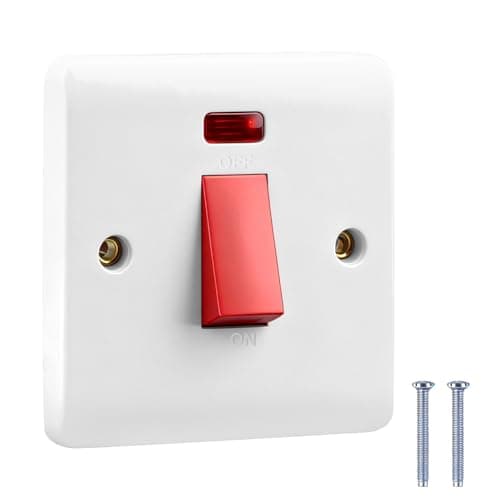 Image of BH05737 45 Amp Double Pole Cooker Switch 1-Gang with LED Neon Power Indicator Single Plate UK DP Single Gang Light Switch Round Edge for Electric Ovens Hobs Wall Mounted with Screw Terminals