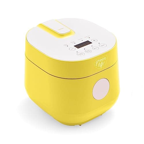 Image of GreenLife 4-Cup Digital Rice Cooker, PFAS & PFOA-Free Removable Ceramic Dishwasher Safe Pot, Healthy Cooking Oats Grains & More, Auto Presets, Touch-screen, Delay & Keep Warm, Paddle Included, Yellow