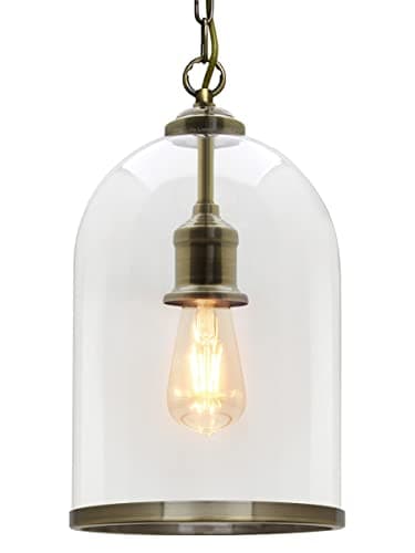 Image of Antique Brass Pendant Light Glass Ceiling Lampshade Bell Vintage Chain Lantern H3054-F