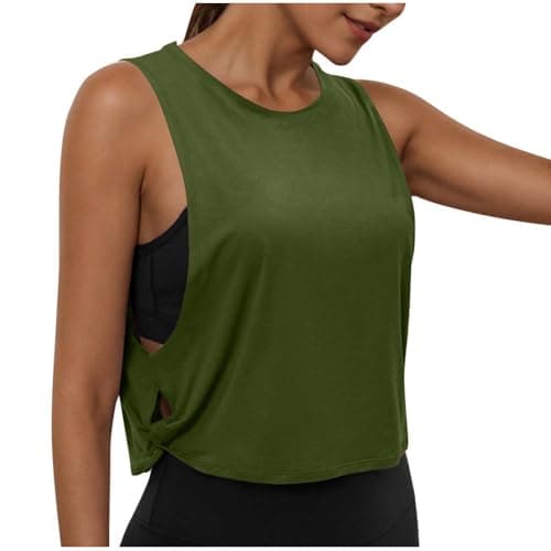 Image of Gym Tops for Women UK Loose Basic Vest Sleeveless T-Shirts Athletic Tank Top Quick Dry Yoga Tees Workout Sports Tops for Fitness Running Walking Army Green