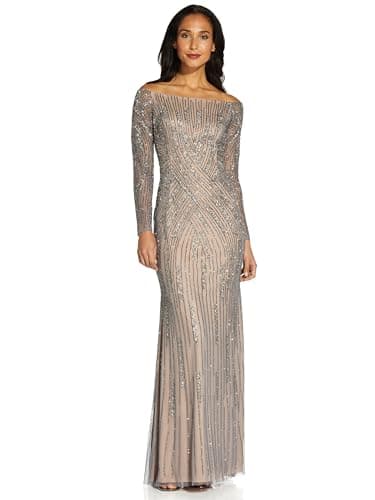 Image of Adrianna Papell Women's Beaded Off Shoulder Gown Special Occasion Dress, Sterling, 16