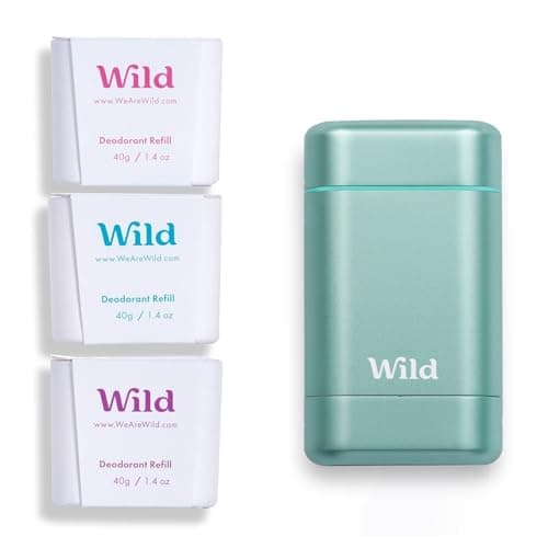 Image of Wild - Natural Refillable Deodorant - Aluminium Free - Aqua Case with Refill Variety Pack (3 x 40g) - Includes Fresh Cotton & Sea Salt, Jasmine & Mandarin and Coconut & Vanilla Scents - Vegan