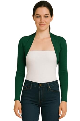 Image of STAR FASHION Womens Long Sleeve Shrug Bolero Cardigan Ladies Cropped Open Front Lightweight Summer Cover Up Top Mini Blouse Jacket Bottle Green 12-14