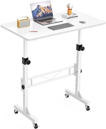 Image of HOMIDEC Height Adjustable Standing Desk, 80x40cm Mobile Small Desk, Portable Home Office Computer Desks with Wheels, Modern Simple Style Desks for Bedroom, Living Room, Office, White