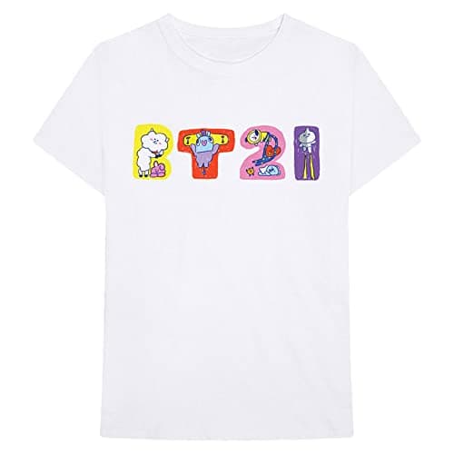 Image of BT21 BTS Kpop Unisex Cotton Crew Neck Short Sleeves Tee Shirt, Doodle Letters White, S