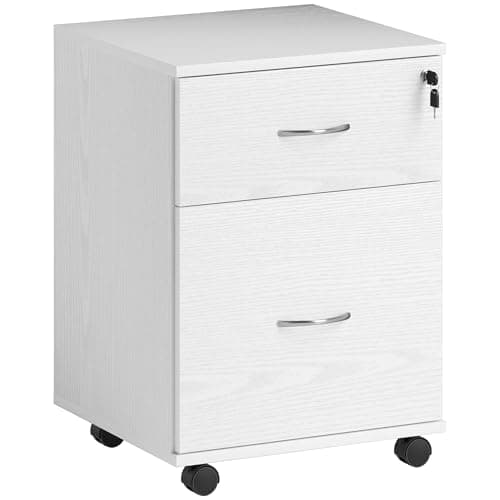 Image of HOMCOM 2 Drawer Lockable Filing Cabinet with Wheels, Mobile Filing Cabinet for Home Office, Small Printer Stand, White Wood Grain