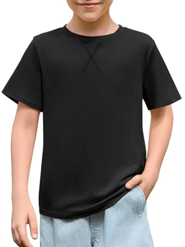 Image of Haloumoning Boys' T-Shirt Short Sleeve Crew Neck Tops Kids Summer Plain Lightweight Top Regular Fit Sports T-Shirts Casual Basic Tees with Chest Pocket 5-14 Years, Black, 11-12 Years